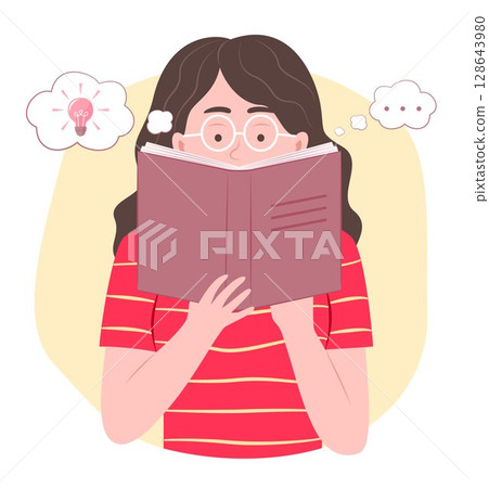Young Woman Reading a Book and Thinking Creative Idea for Education Concept Illustration 128643980