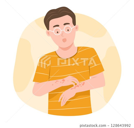 Worried Young Man Scratches the Atopic Dermatitis or Eczema Area on Her Arms for Dermatology Disease Concept Illustration 128643992