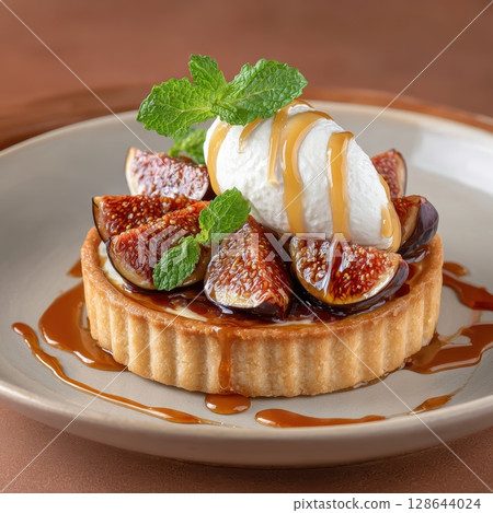 Roasted Fig Tart with Honey Glaze on Crisp Pastry Topped with Ricotta Cream and Lavender Honey Drizzle Roasted Fig Tart with Honey Glaze on Crisp Pastry Topped with Ricotta Cream and Lavender Honey Drizzle 128644024