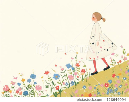 A girl's spring walk through a flower field 128644094