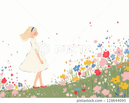少女走過花叢的場景 128644095