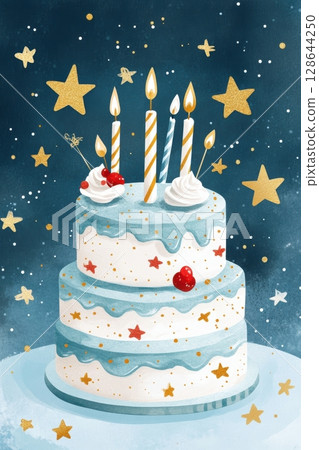A three-tiered birthday cake adorned with candles, stars, and cherries, set against a starry night background. 128644250