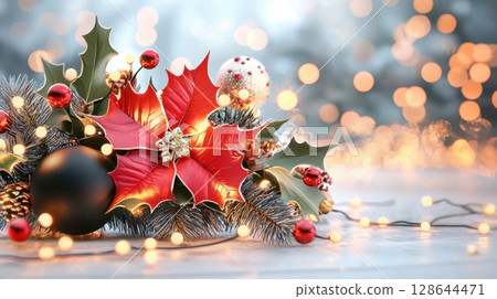 Festive Christmas Arrangement with Poinsettia and Ornaments 128644471
