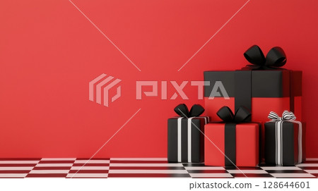 Colorful Gift Boxes on Red Background for Celebration 128644601