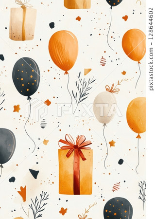 A playful, festive pattern featuring balloons and gift boxes in warm colors, ideal for celebrations and party themes. 128644602