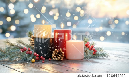 Festive Candle Arrangement with Bokeh Background 128644611