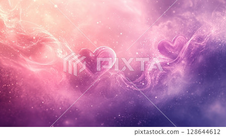 A dreamy, cosmic background features flowing pink and purple hues with heart shapes, evoking feelings of love and romance. 128644612