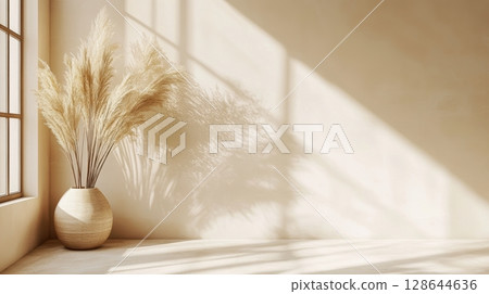 A serene interior scene featuring a light-colored wall, a decorative vase with dried flowers, and soft shadows created by natural sunlight streaming through a window. 128644636