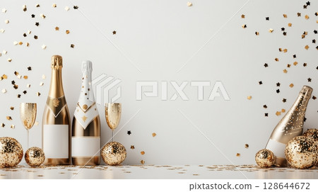 Celebration setup featuring champagne bottles, flutes, and confetti in gold and black, perfect for a festive gathering. 128644672