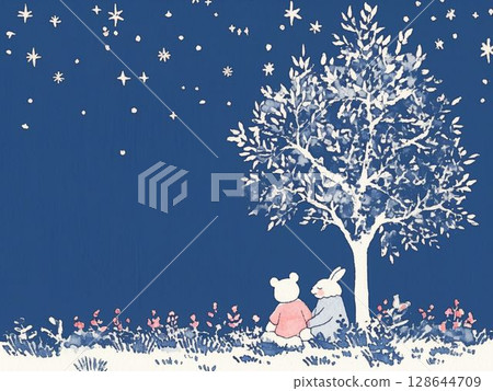 一隻熊和一隻兔子在星空下依偎在一起的溫柔夜晚 128644709