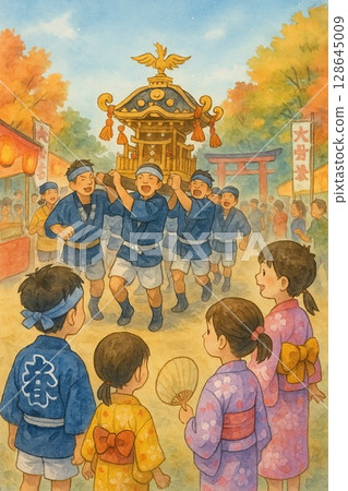 Adults carrying the portable shrine at the Autumn Festival and children watching over them 128645009