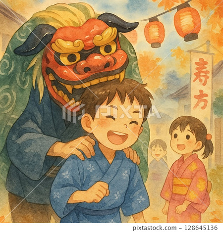 A child smiles after being bitten on the head by a lion dancer at the autumn festival 128645136
