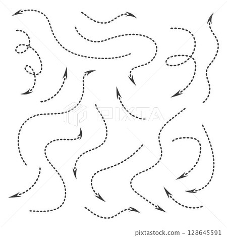 Black Dotted Hand Drawn Arrows Set on White Background. Arrow, Cursor Icon. Vector Pointers Collection. Black Dotted Hand Drawn Arrows Set on White Background. Arrow, Cursor Icon. Vector Pointers Collection. 128645591