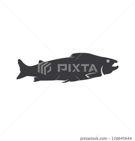 Salmon, fish and fishing, logo template. Underwater world, river and marine life, nature, vector design, illustration Salmon, fish and fishing, logo template. Underwater world, river and marine life, nature, vector design, illustration 128645644