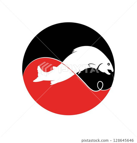 Salmon, fish and fishing, logo template. Underwater world, river and marine life, nature, vector design, illustration Salmon, fish and fishing, logo template. Underwater world, river and marine life, nature, vector design, illustration 128645646