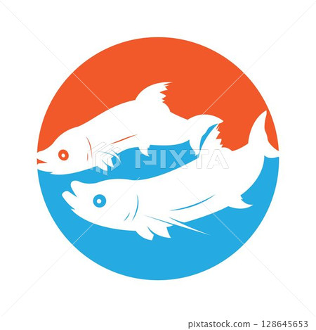 Salmon, fish and fishing, logo template. Underwater world, river and marine life, nature, vector design, illustration 128645653