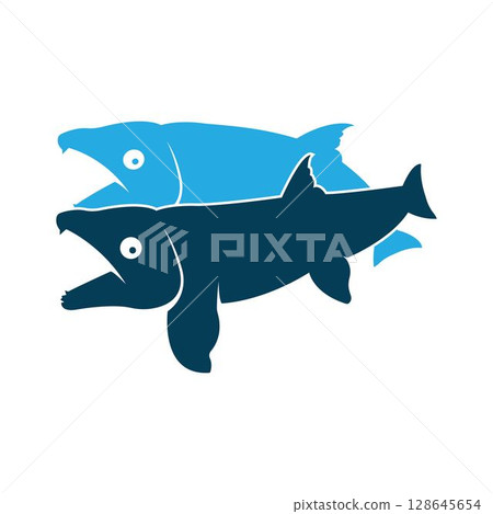 Mating salmon fish in retro style isolated on white background Mating salmon fish in retro style isolated on white background 128645654