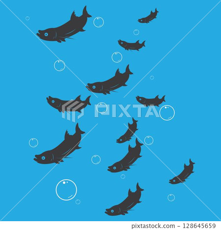 Salmon, fish and fishing, logo template. Underwater world, river and marine life, nature, vector design, 128645659