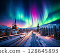 極光雪景城市景觀 128645893