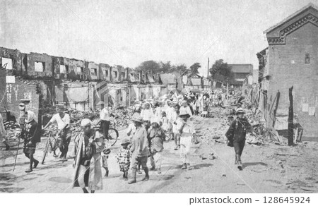 Old photo, 1944-1945, Asakusa, Tokyo, Nakamise Street burned down in an air raid Old photo, 1944-1945, Asakusa, Tokyo, Nakamise Street burned down in an air raid 128645924