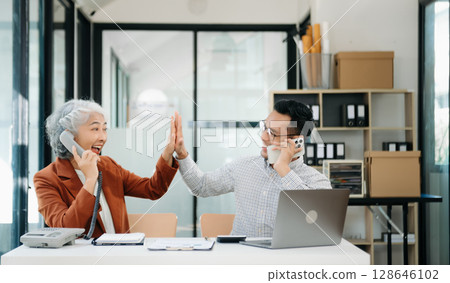 Kind leader executive manager share and discuss business solutions plan ideas on tablet marketing 128646102