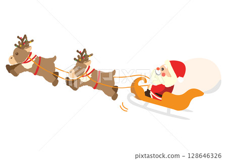 Illustration of Santa Claus riding in a sleigh pulled by reindeer 128646326