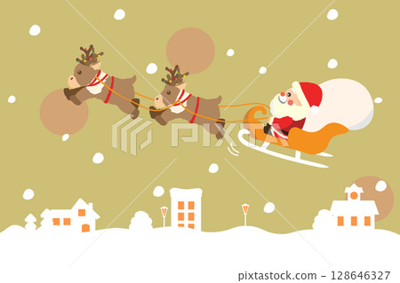 Background illustration of a cityscape and Santa riding in a sleigh pulled by reindeer Background illustration of a cityscape and Santa riding in a sleigh pulled by reindeer 128646327