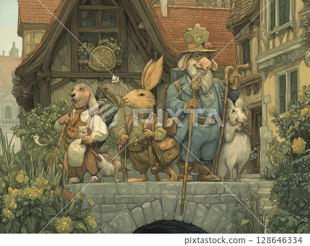 Town Musicians of Bremen stand together, emanating an atmosphere of friendship and anticipation for their musical adventure 128646334