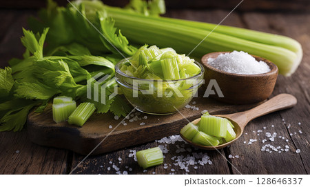 Fresh green celery on wooden board evokes sense of crispness and healthy eating, radiating natural goodness and culinary possibilities 128646337