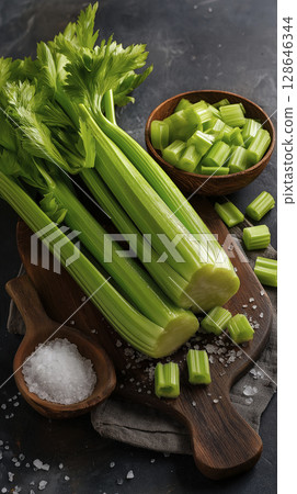 Fresh celery green stalks are crisp and inviting, displayed on wooden board with sprinkle of salt, promising healthy and delicious snack 128646344