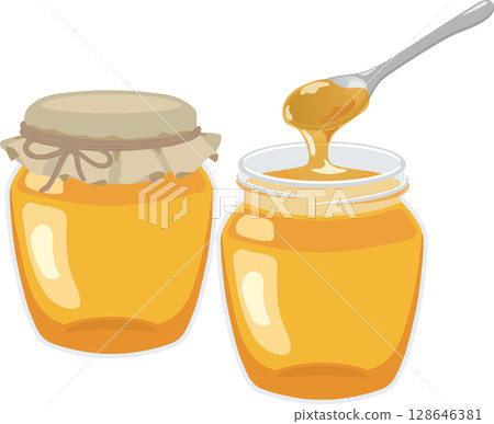 帶蓋蜂蜜和帶湯匙蜂蜜 帶蓋蜂蜜和帶湯匙蜂蜜 128646381