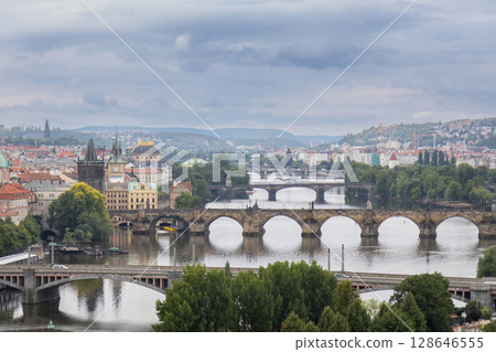 Prague Czech Republic - July 17 2025: Aerial view of Prague bridges Prague Czech Republic - July 17 2025: Aerial view of Prague bridges 128646555