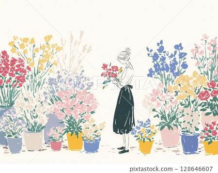 一位女士在花店裡挑選鮮花，周圍是五顏六色的鮮花 128646607