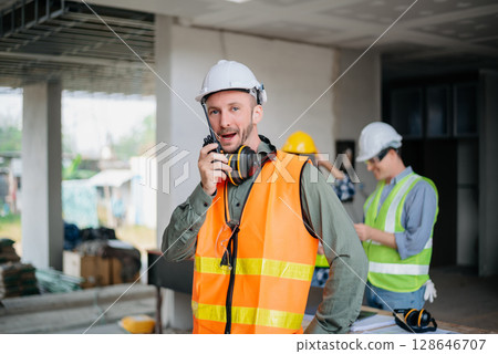 Engineers are discussing data working and laptop or tablet with architectural project at new construction site on big project. Engineers are discussing data working and laptop or tablet with architectural project at new construction site on big project. 128646707