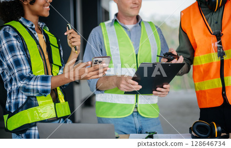 Architect caucasian man working with colleagues mixed race in the construction site. Architecture engineering on big project. Building in construction interior. 128646734