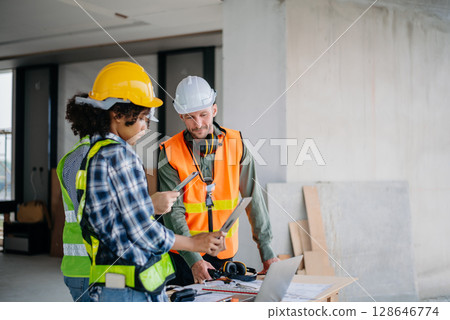 Architect caucasian man working with colleagues mixed race in the construction site. Architecture engineering on big project. Building in construction interior. Architect caucasian man working with colleagues mixed race in the construction site. Architecture engineering on big project. Building in construction interior. 128646774