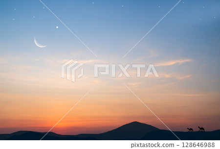 Islam Camel Desert Mountain Night Isra miraj Namaz Sky Moon Sunset Background Mubaruk Greeting Islam Ramadan Element Masjid Aqsa Hajj Kaaba Umrah Eid Arabian Religion Islamic Arab Muslim Greeting. 128646988