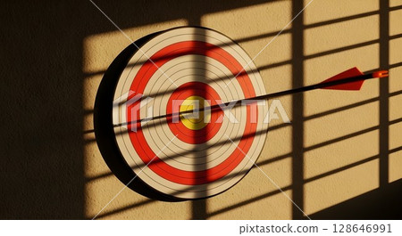 red dart arrow hitting in the center of dartboard red dart arrow hitting in the center of dartboard 128646991