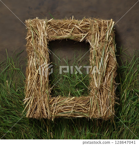 Straw square frame sits atop grass, creating natural, earthy look that feels grounded and connected to beauty of land around it 128647041