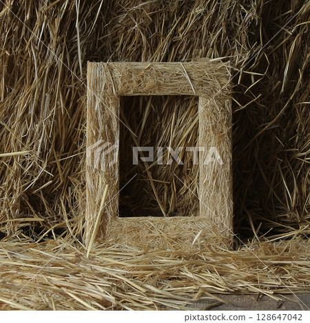 Rustic square frame made of straw rests on bed of hay, exuding warmth and natural charm, feels so comfortable and relaxing in farm Rustic square frame made of straw rests on bed of hay, exuding warmth and natural charm, feels so comfortable and relaxing in farm 128647042
