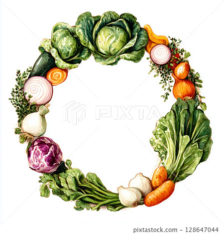 Watercolor vegetable wreath gives off joyful, farm fresh vibe. colorful arrangement is visually appealing and healthy, making you happy 128647044