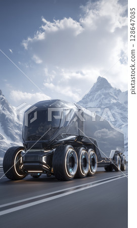 Futuristic electric truck with smart digital windows driving mountain road with snow capped peaks and cloudy sky background. vehicle has sleek design and glowing wheels, showcasing advanced 128647085