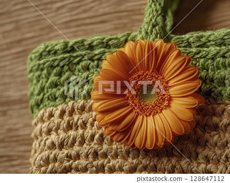 Woven straw bag with green knitted edges and large orange flower attached, placed on wooden surface, evoking summery, natural, and cheerful vibe 128647112