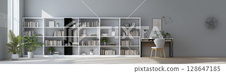 Minimalist style with bookshelf creates clean and organized space, promoting calm and focus with its sleek design and neutral tones 128647185