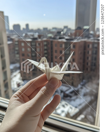 Hand delicately holds white origami crane, expressing hope and peace against backdrop of building, with snow on ground in winter 128647207
