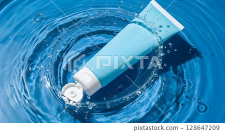 cream bottle mock up in water splash on blue 128647209