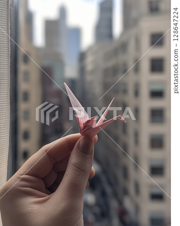 Delicate pink origami crane is held up to window with skyscrapers in background, evoking sense of peace and hope against urban landscape 128647224