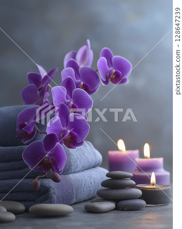 Stack of purple orchid and towel radiates calming beauty, enhanced by soft glow of candles, creating serene and relaxing spa ambiance 128647239