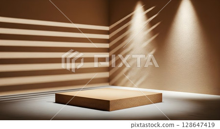 empty white shelves on dark wooden wall 128647419