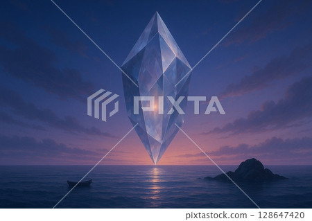 巨大水晶漂浮在黃昏天空和大海中的夢幻景觀 128647420